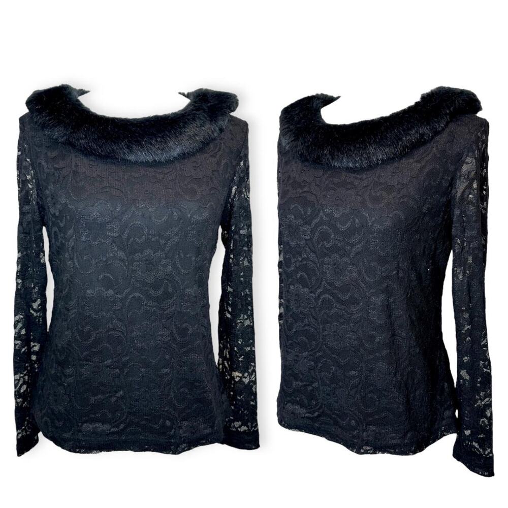 Y2K Faux Fur Shoulder Black Lace Blouse
